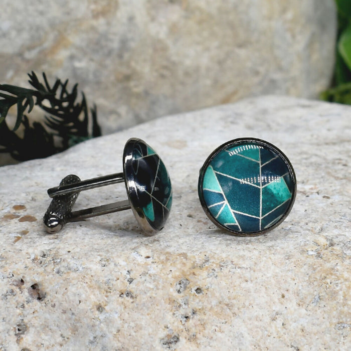 Black Steel Cufflinks with Abstract Glass #198