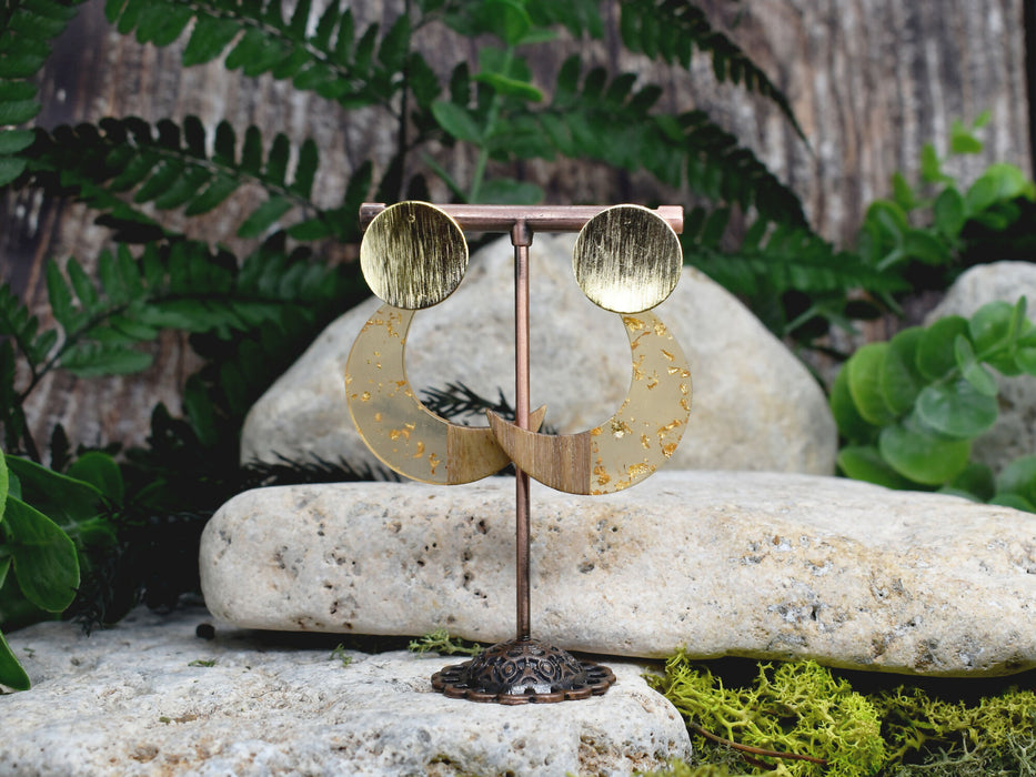 Wood Dangle Earrings with Moon Resin #468