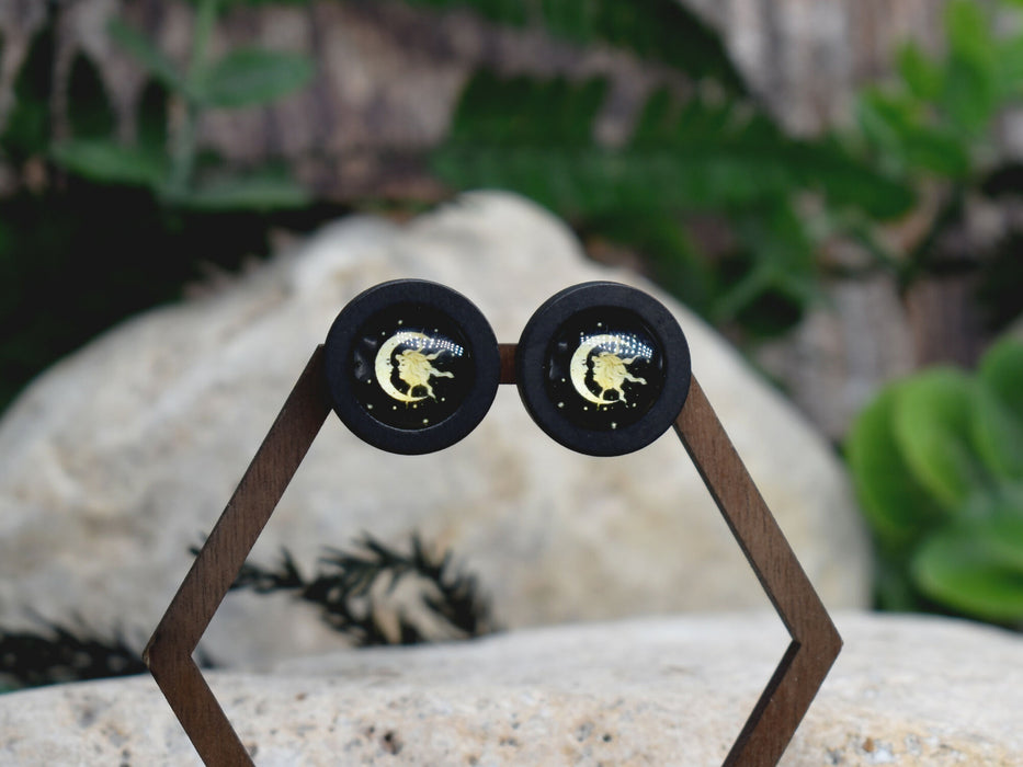 Wood Stud Earrings With Glass Cabochon #213