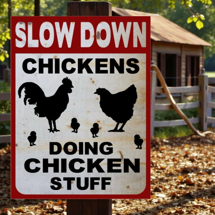 Rustic Aluminum Sign – “Slow Down, Chickens Doing Chicken Stuff” (8" x 11")