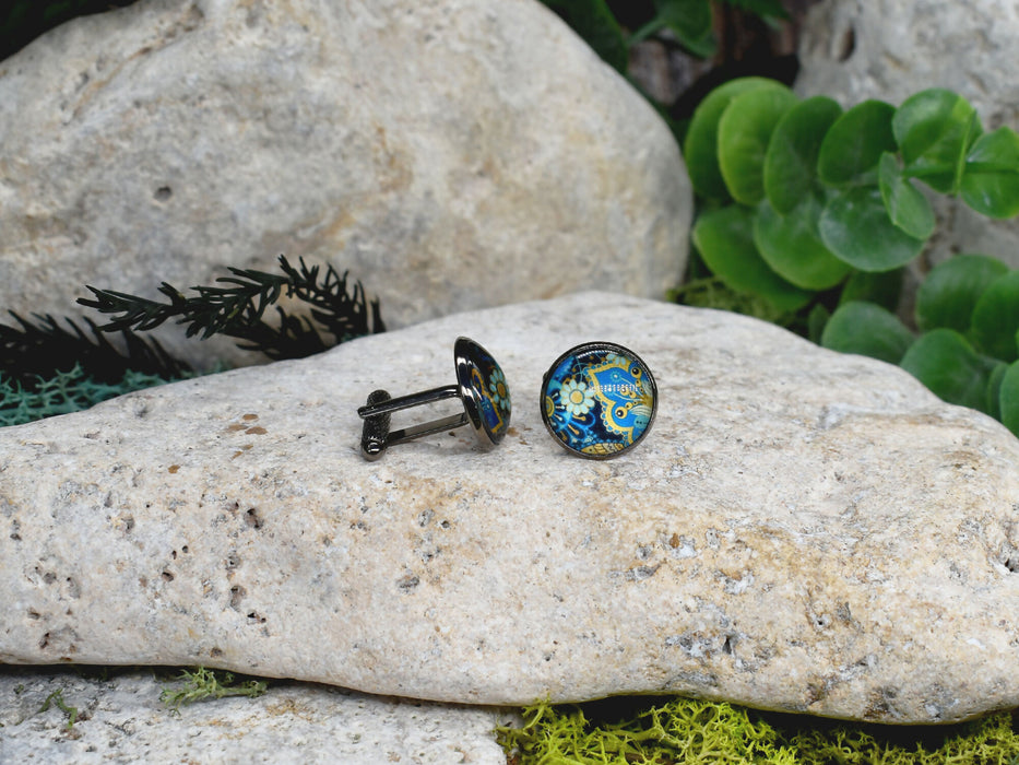 Black Steel Cufflinks with Abstract Glass #214