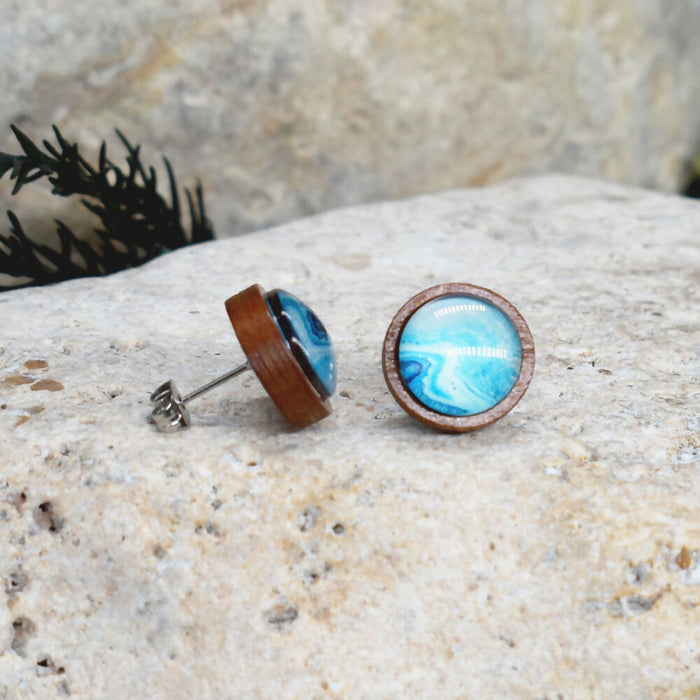 Wood Stud Earrings With Resin Cabochon #377