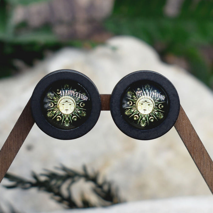 Wood Stud Earrings With Glass Cabochon #171