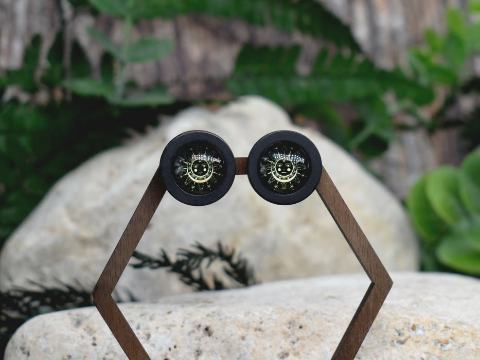 Wood Stud Earrings With Glass Cabochon #222