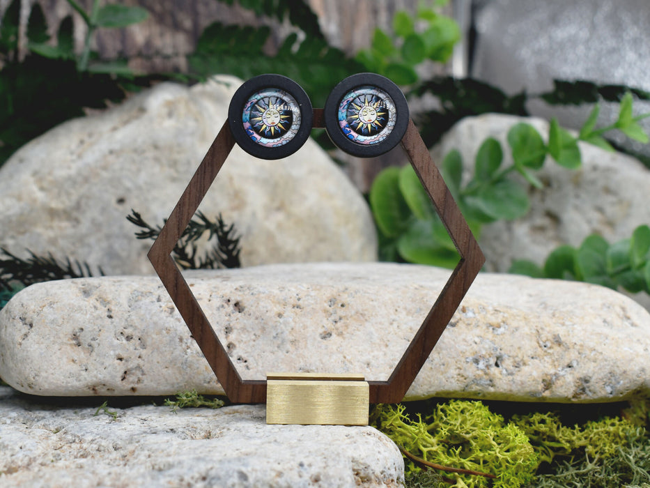 Wood Stud Earrings With Glass Cabochon #168