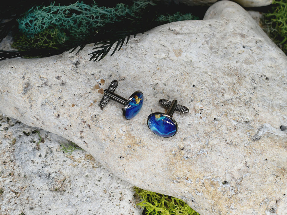 Black Steel Cufflinks with Abstract Glass #233
