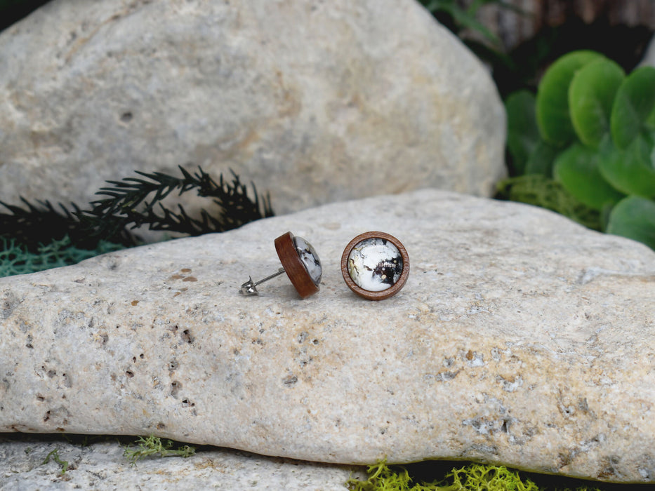 Wood Stud Earrings With Resin Cabochon #373