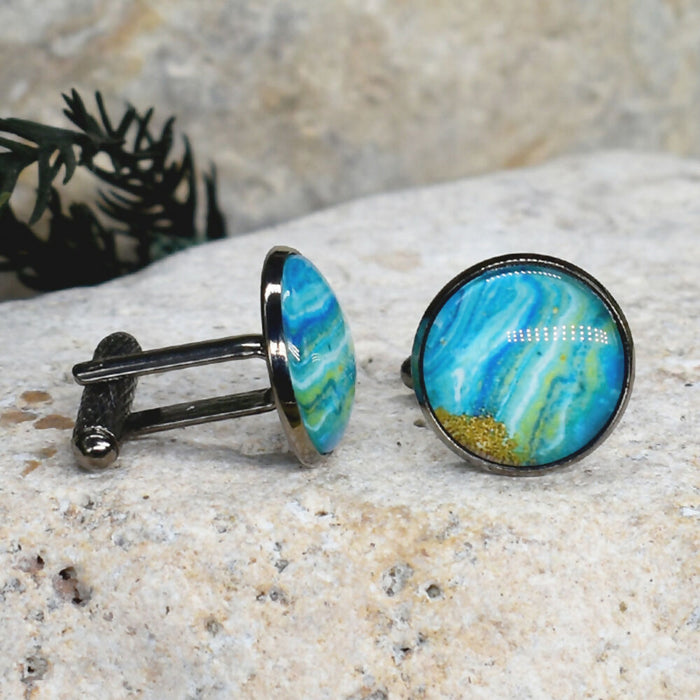 Black Steel Cufflinks with Abstract Glass #223