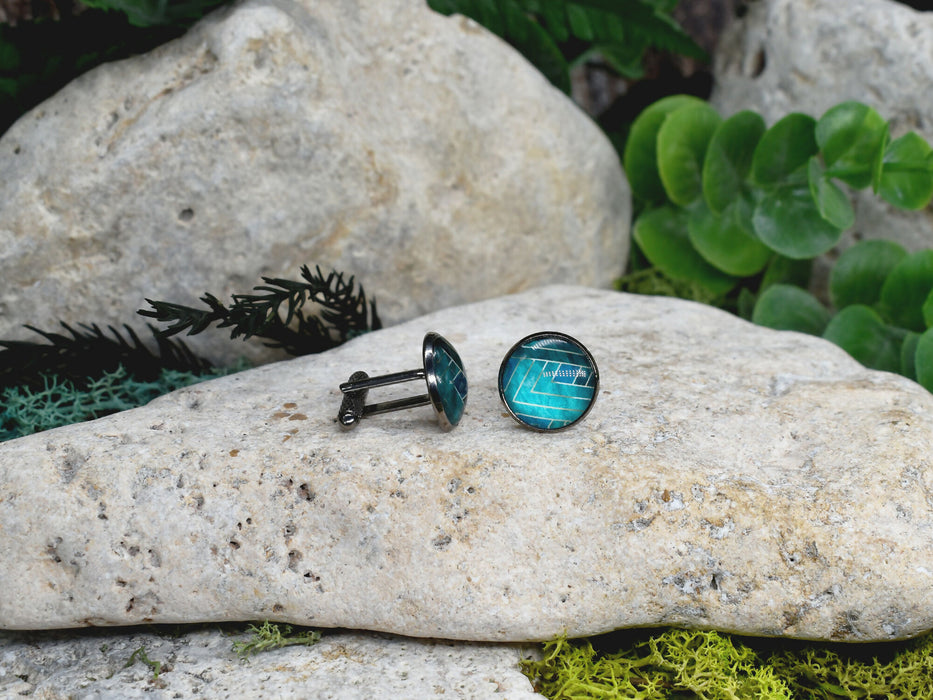 Black Steel Cufflinks with Abstract Glass #202