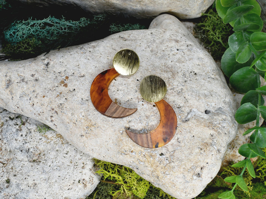 Wood Dangle Earrings with Moon Resin #470