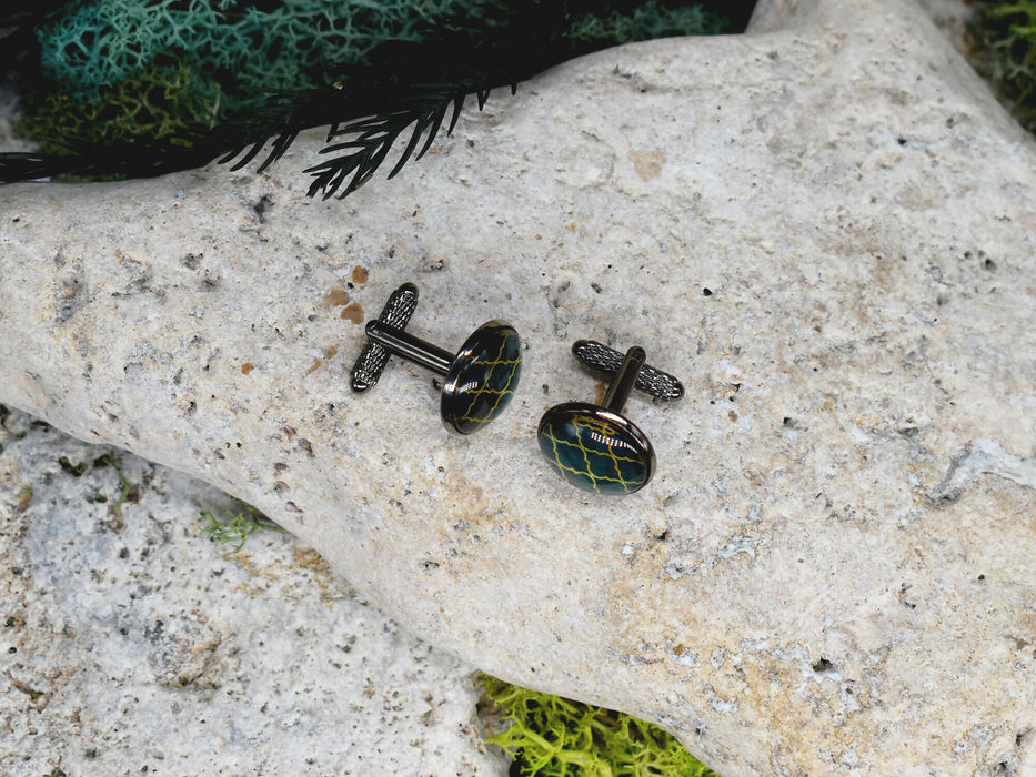 Black Steel Cufflinks with Abstract Glass #197