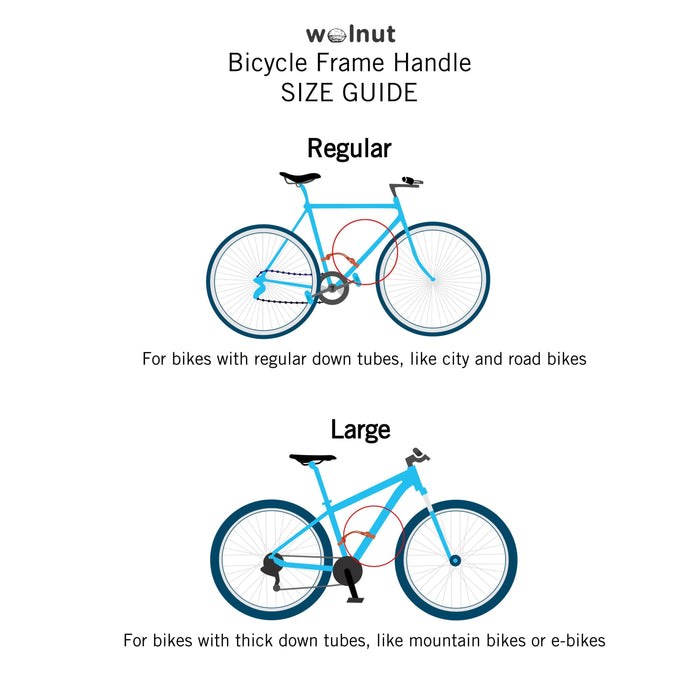 First image features a city bike and text that reads "Regular: For bikes with regular down tubes, like city and road bikes." Second image features a mountain bike and text that reads "Large: For bikes with thick down tubes, like mountain bikes."