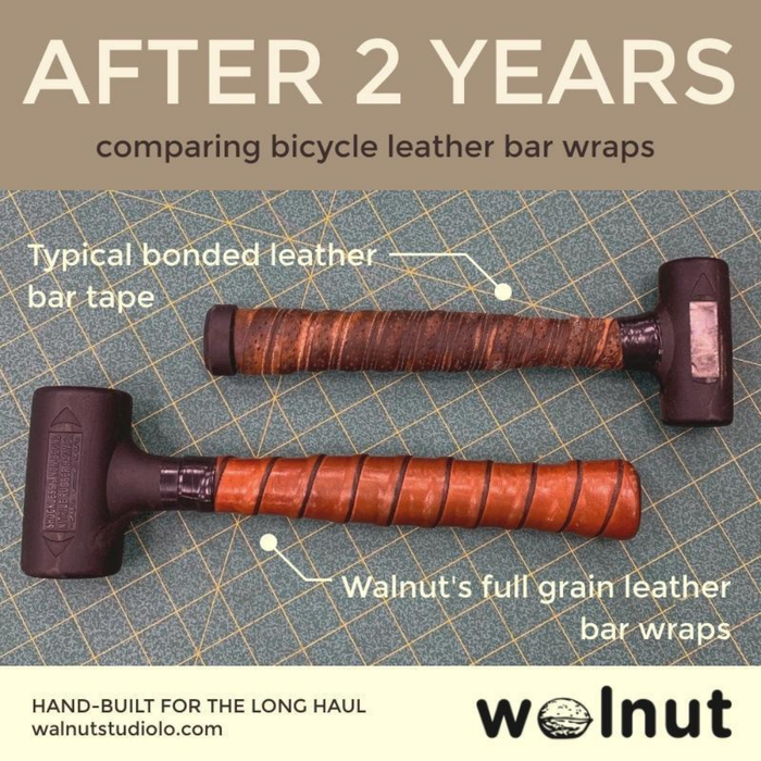 Title: "After 2 years: comparing bicycle leather bar wraps". Two mallet handles wrapped in bicycle bar tape. The top "typical bonded leather bar tape" is ugly and torn up. The bottom "Walnut's full grain leather" looks shiny and gained a patina. 