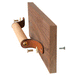 White background image showing how the Sellwood wood and leather handle is installed on a drawer surface. Holes are drilled through the wood, and the surfaceness head comes in the front, threaded screws on the back.