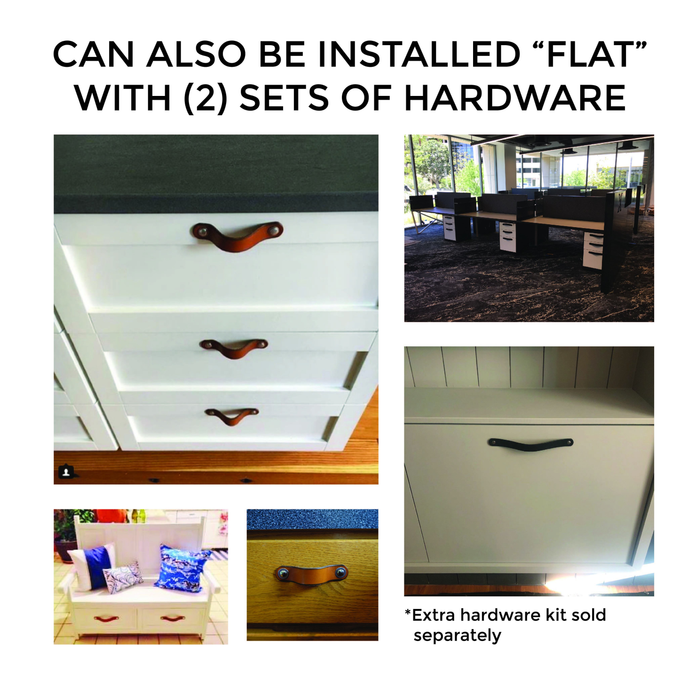 Title: Can Also Be Installed with 2 Sets of Hardware. Shows the leather strap being installed as a handle instead of a loop with an extra hardware kit, which is sold separately.