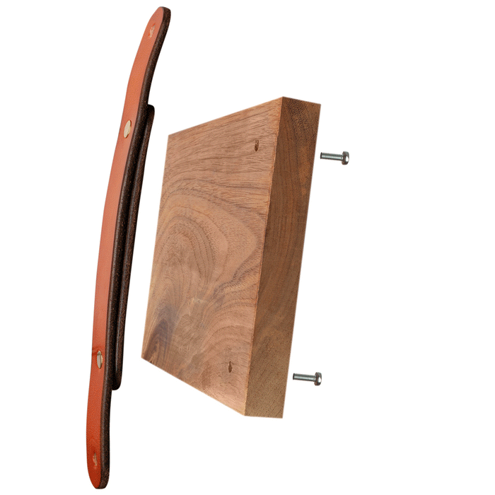 White background image showing how the Tilikum leather handle is installed on a drawer surface. Holes are drilled through the wood, and the surfaceness head comes in the front, threaded screws on the back.