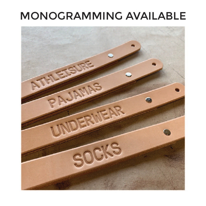 Title: "Monogramming Available". Shows that letters can be de-bossed (stamped into) the leather for a custom message on each handle. Monograms are applied for horizontal reading. 