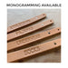 Title: "Monogramming Available". Shows that letters can be de-bossed (stamped into) the leather for a custom message on each handle. Monograms are applied for horizontal reading. 