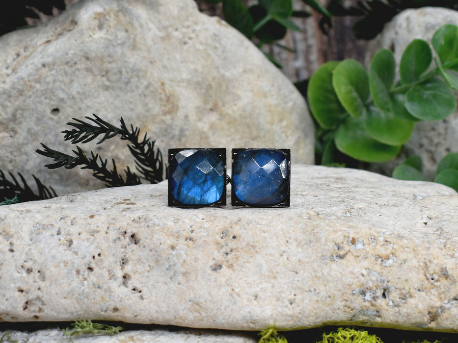 Black Steel Cufflinks with Labradorite Stone #184