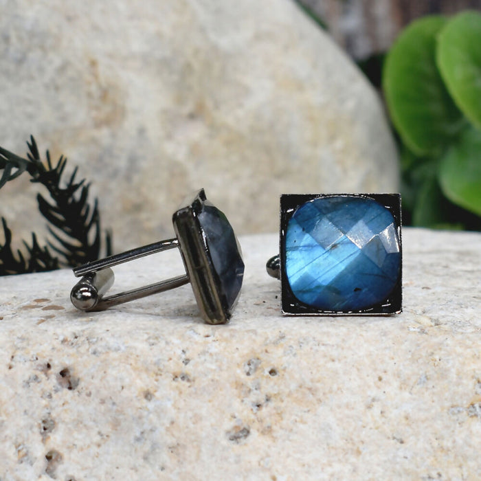 Black Steel Cufflinks with Labradorite Stone #186