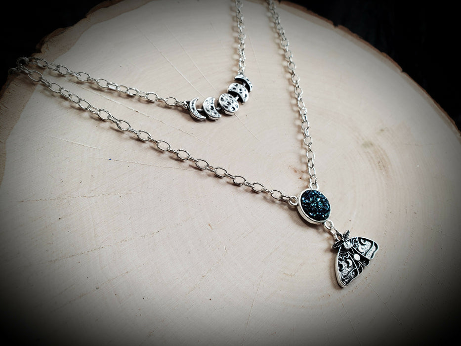 Silver Moth Moon Phase layered Necklace, Silver Chain Necklace