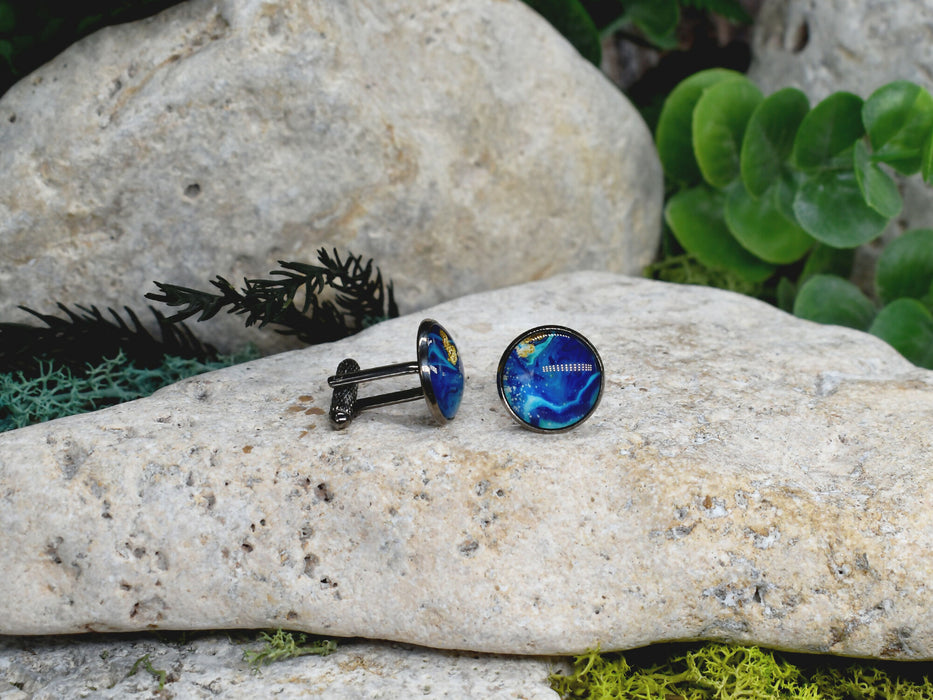 Black Steel Cufflinks with Abstract Glass #233