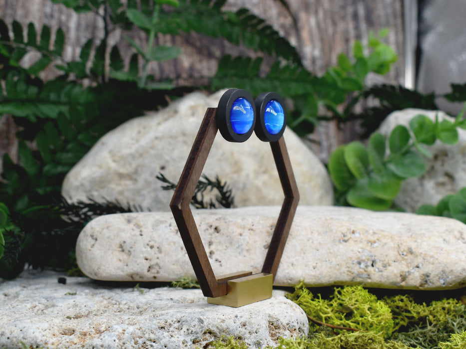 Wood Stud Earrings With Glass Neptune Cabochon #199