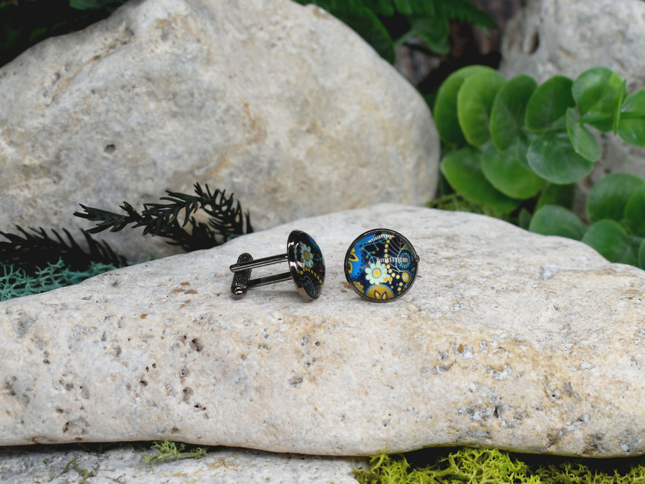 Black Steel Cufflinks with Abstract Glass #220