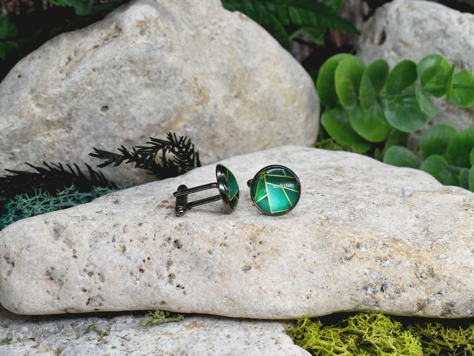 Black Steel Cufflinks with Abstract Glass #196
