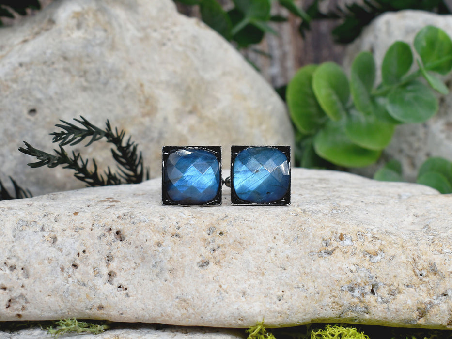 Black Steel Cufflinks with Labradorite Stone #186