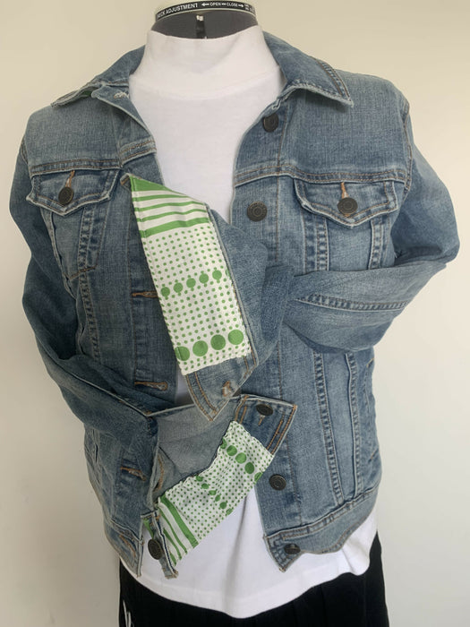 Denim jean jackets with green scarf