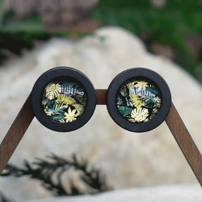 Wood Stud Earrings With Glass Tropical Cabochon #178