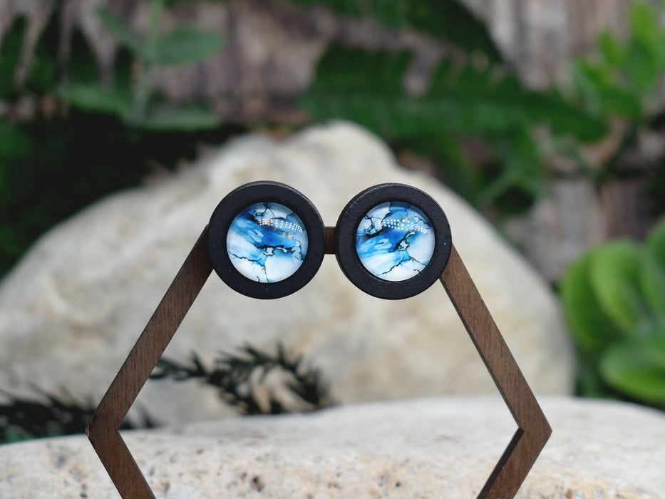 Wood Stud Earrings With Glass Cabochon #206