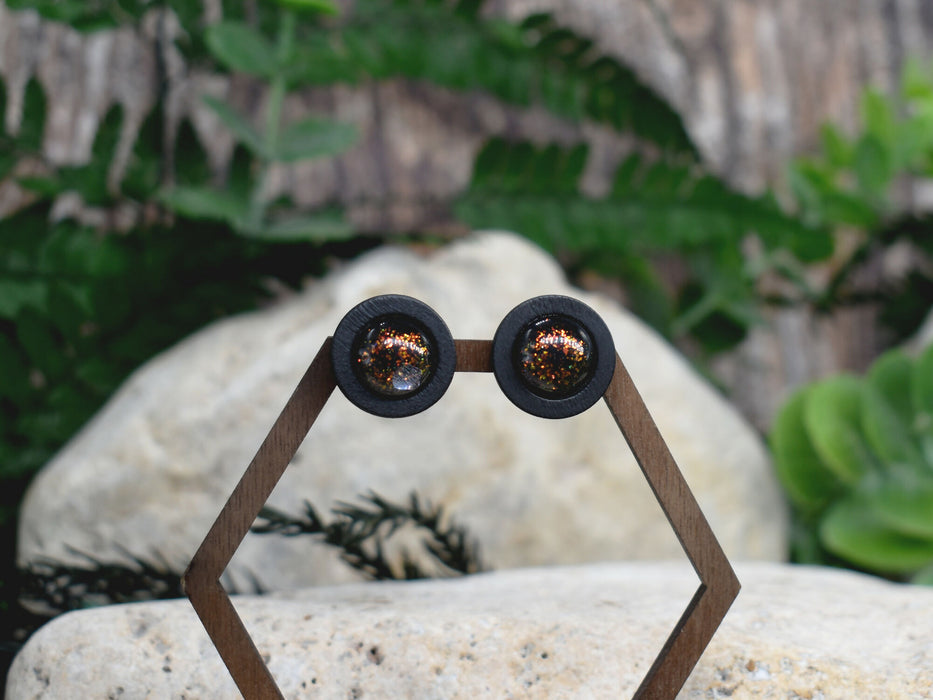 Wood Stud Earrings With Resin Chameleon Cabochon #223