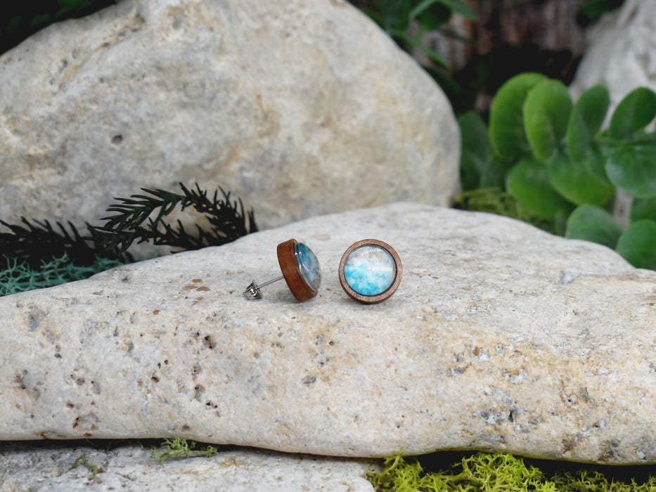 Wood Stud Earrings With Resin Cabochon #383