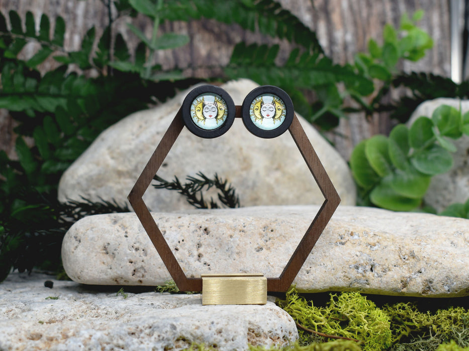 Wood Stud Earrings With Glass Cabochon #217