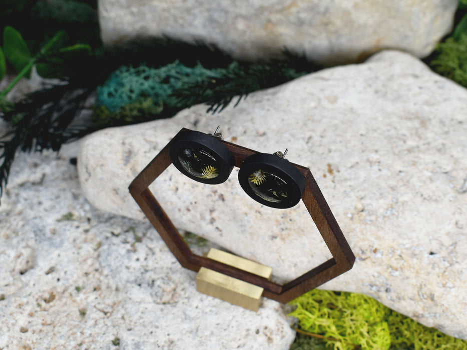 Wood Stud Earrings With Glass Tropical Cabochon #173