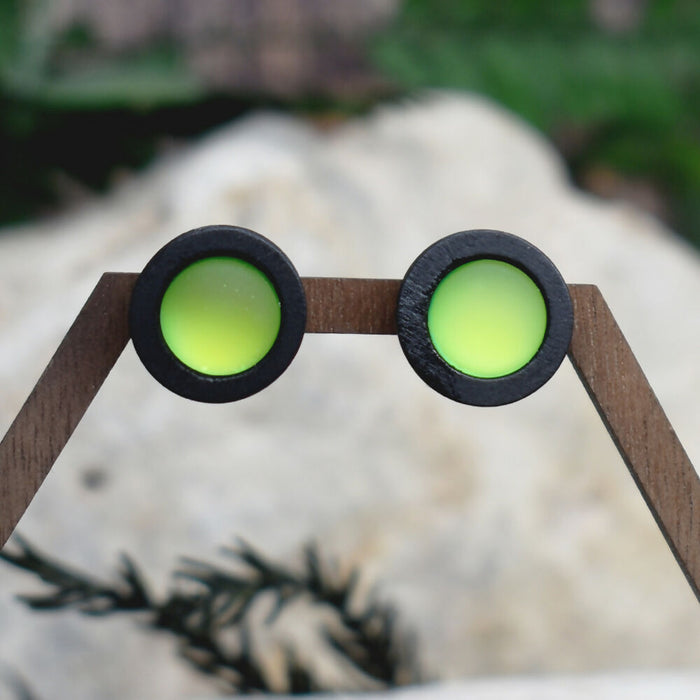Wood Stud Earrings With Resin Chameleon Cabochon #242