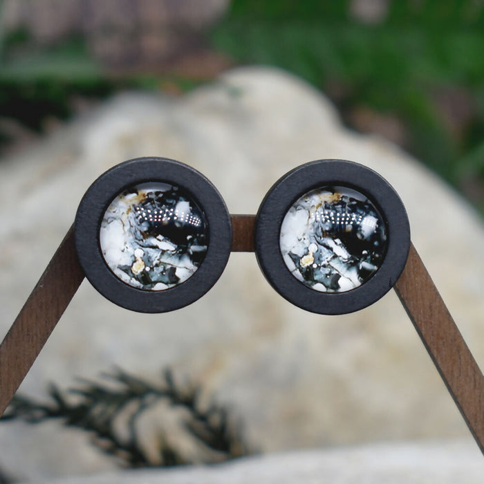 Wood Stud Earrings With Glass Cabochon #183