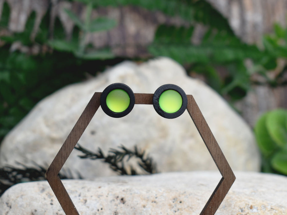 Wood Stud Earrings With Resin Chameleon Cabochon #242