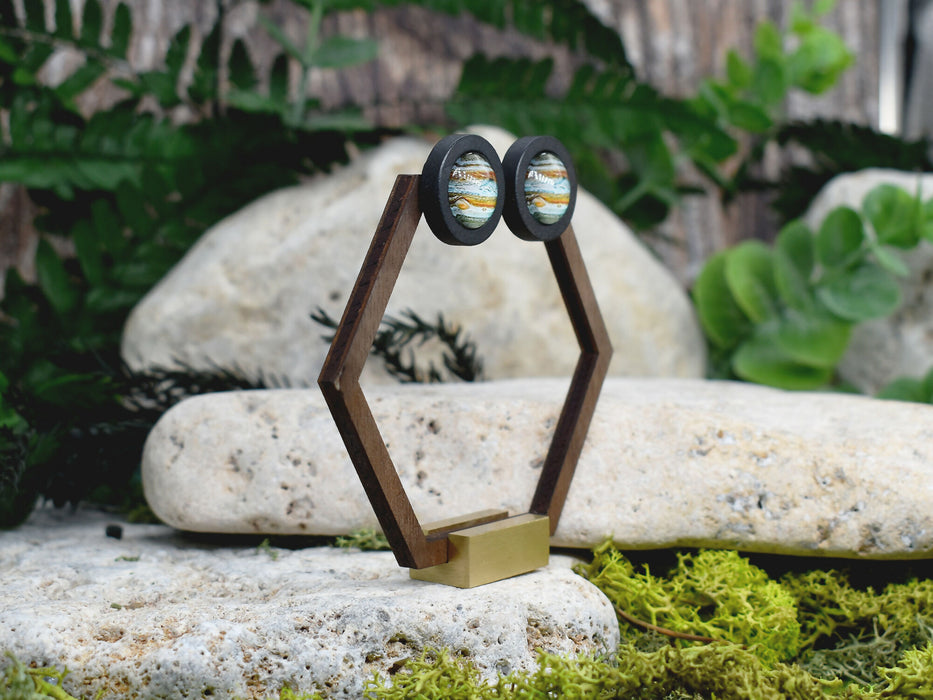 Wood Stud Earrings With Glass Saturn Cabochon #185