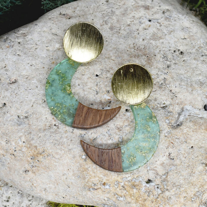 Wood Dangle Earrings with Moon Resin #465