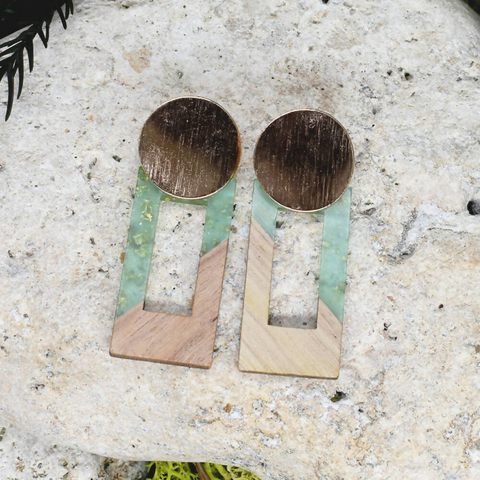 Wood Dangle Earrings with Green Resin #101