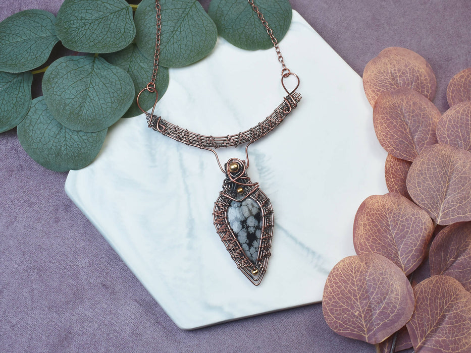 Wire Wrapped Copper Necklace with Snowflake Obsidian