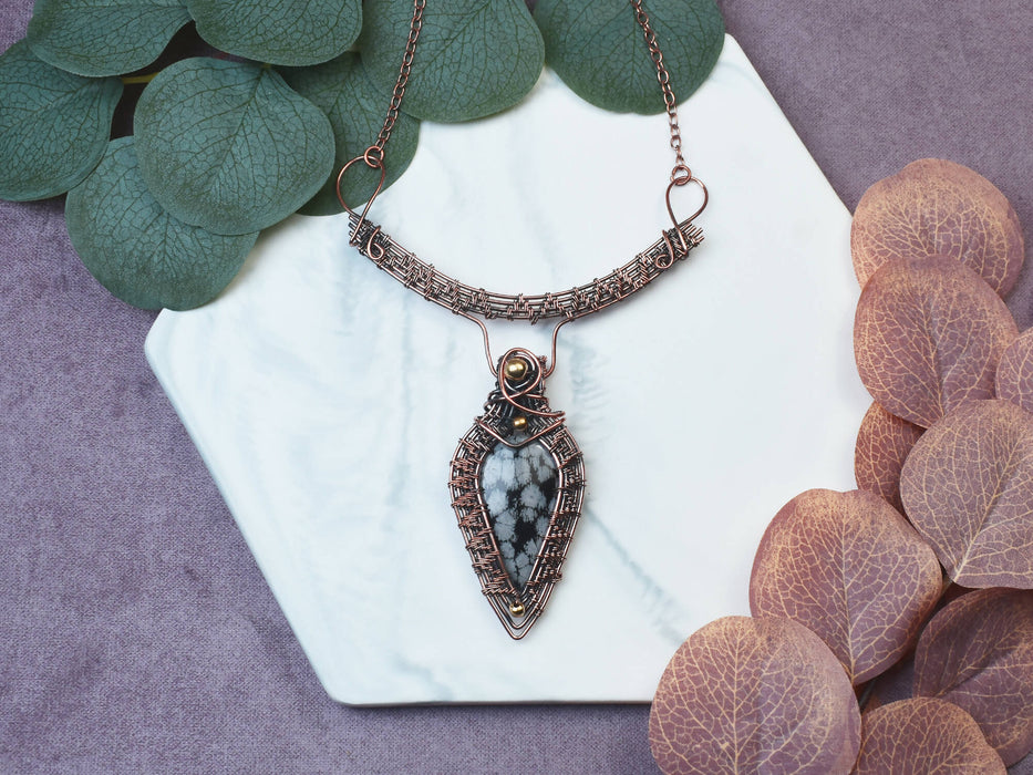 Wire Wrapped Copper Necklace with Snowflake Obsidian
