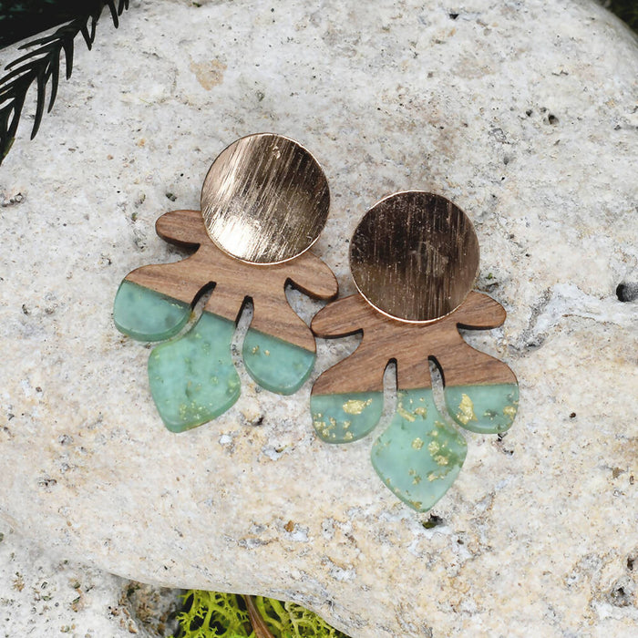 Wood Dangle Earrings with Green Resin #103