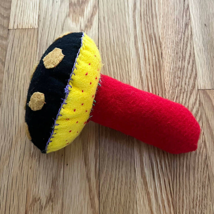 Felt Plush Mushroom - Polypore - Black Yellow Cap, Red Stem