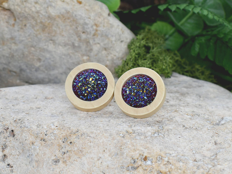 Wood Earrings With Resin Druzy #13