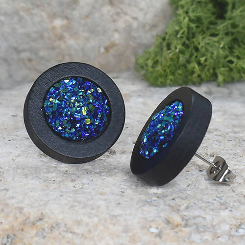 Wood Stud Earrings With Resin Cabochon #62