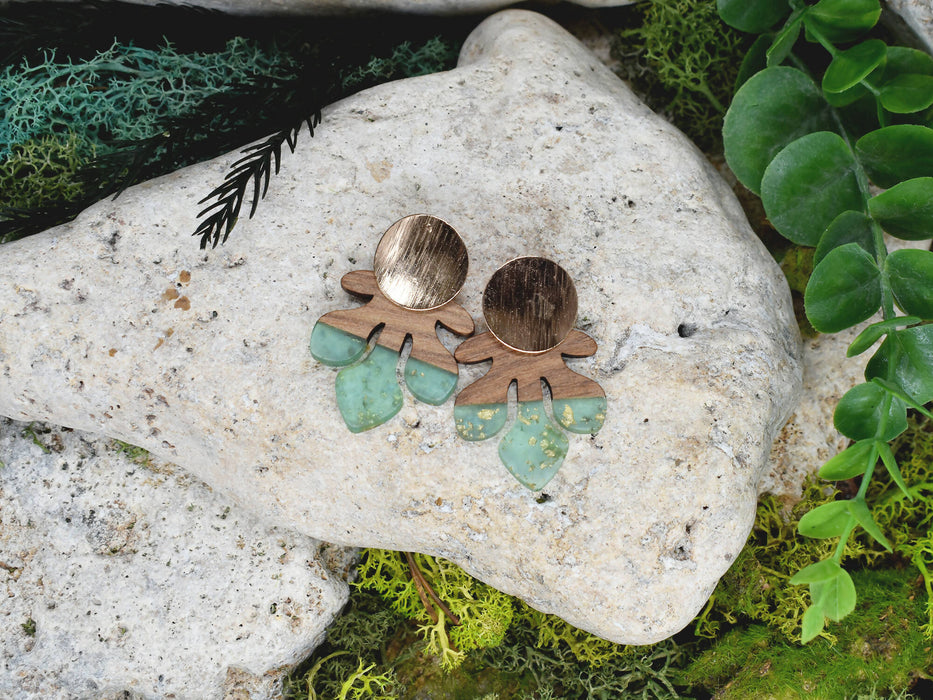 Wood Dangle Earrings with Green Resin #103